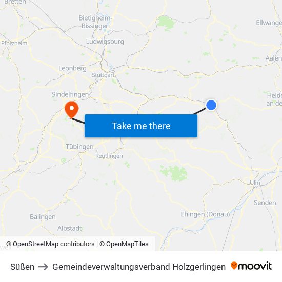 Süßen to Gemeindeverwaltungsverband Holzgerlingen map