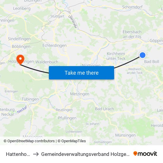 Hattenhofen to Gemeindeverwaltungsverband Holzgerlingen map
