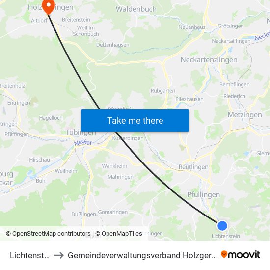 Lichtenstein to Gemeindeverwaltungsverband Holzgerlingen map