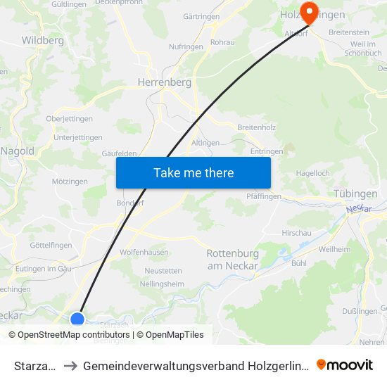 Starzach to Gemeindeverwaltungsverband Holzgerlingen map