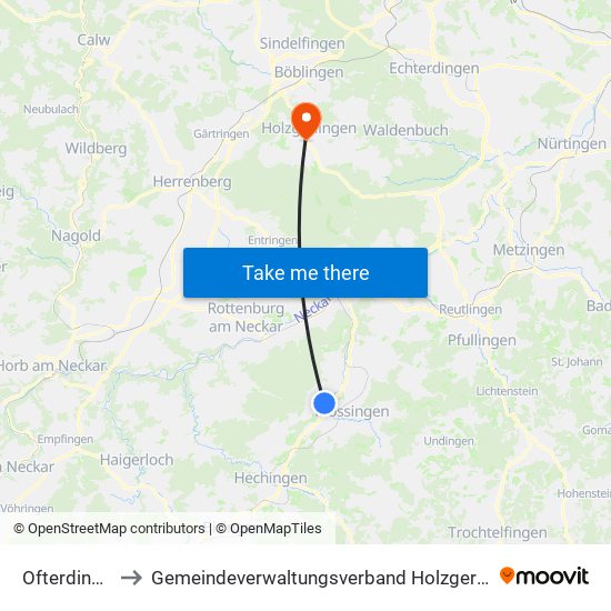 Ofterdingen to Gemeindeverwaltungsverband Holzgerlingen map