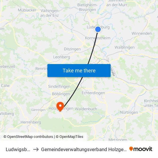 Ludwigsburg to Gemeindeverwaltungsverband Holzgerlingen map