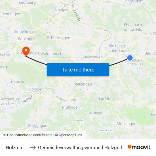 Holzmaden to Gemeindeverwaltungsverband Holzgerlingen map