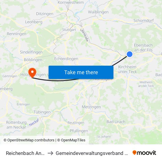 Reichenbach An Der Fils to Gemeindeverwaltungsverband Holzgerlingen map