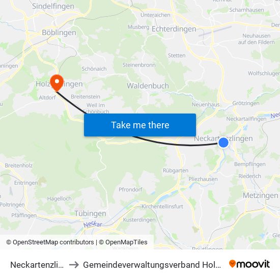 Neckartenzlingen to Gemeindeverwaltungsverband Holzgerlingen map