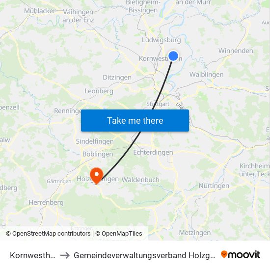 Kornwestheim to Gemeindeverwaltungsverband Holzgerlingen map