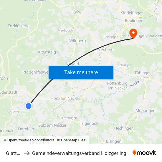 Glatten to Gemeindeverwaltungsverband Holzgerlingen map