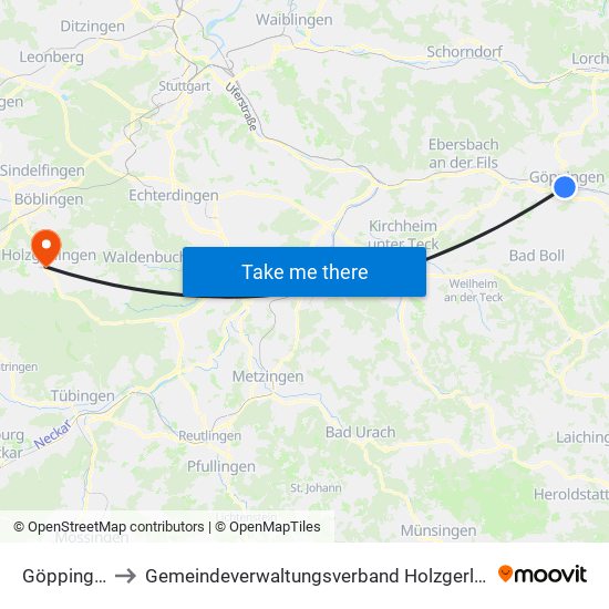 Göppingen to Gemeindeverwaltungsverband Holzgerlingen map