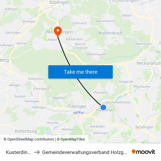 Kusterdingen to Gemeindeverwaltungsverband Holzgerlingen map