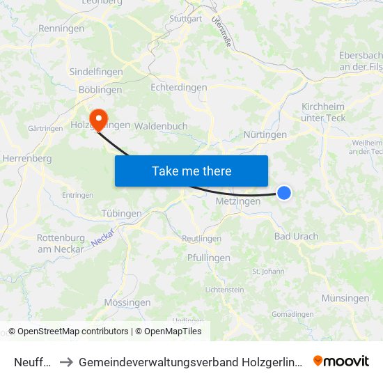 Neuffen to Gemeindeverwaltungsverband Holzgerlingen map