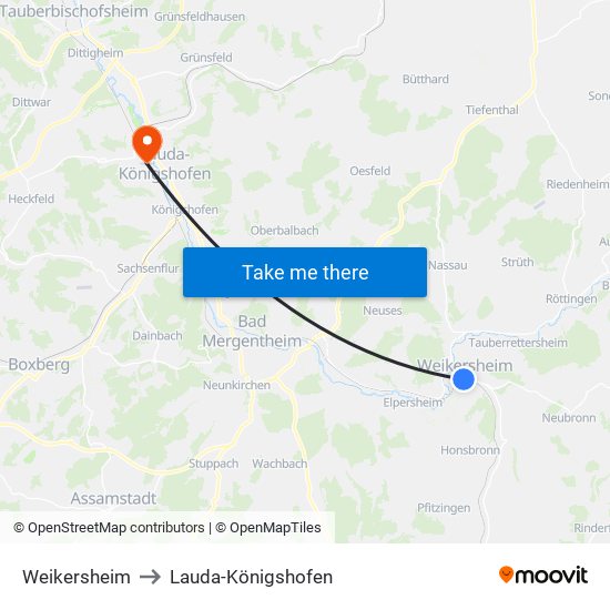 Weikersheim to Lauda-Königshofen map