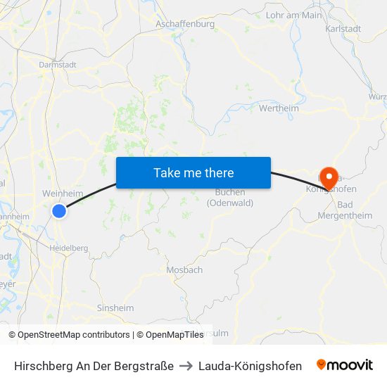 Hirschberg An Der Bergstraße to Lauda-Königshofen map