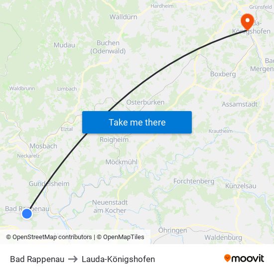 Bad Rappenau to Lauda-Königshofen map