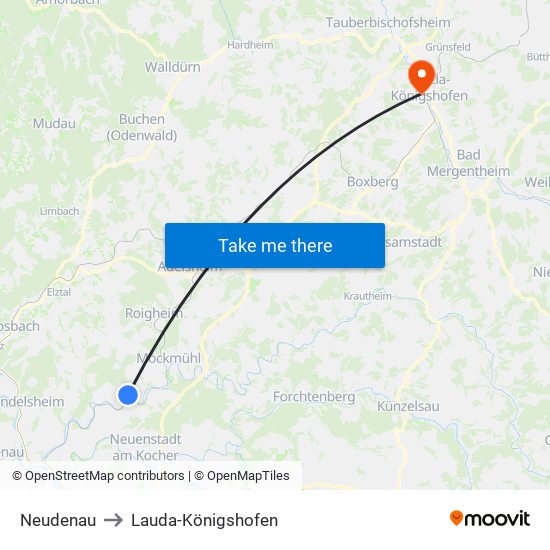 Neudenau to Lauda-Königshofen map