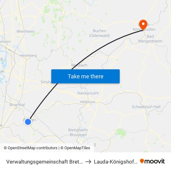 Verwaltungsgemeinschaft Bretten to Lauda-Königshofen map
