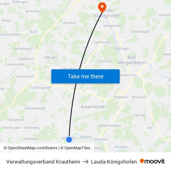 Verwaltungsverband Krautheim to Lauda-Königshofen map