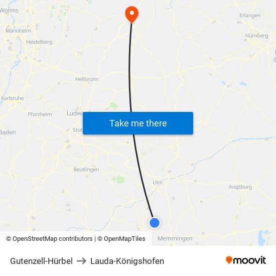 Gutenzell-Hürbel to Lauda-Königshofen map