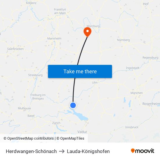 Herdwangen-Schönach to Lauda-Königshofen map