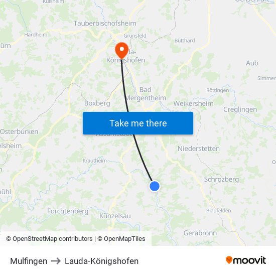 Mulfingen to Lauda-Königshofen map