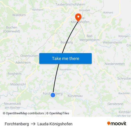 Forchtenberg to Lauda-Königshofen map