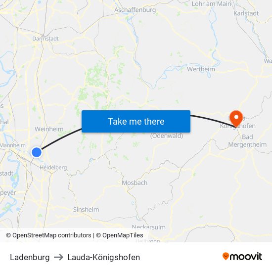 Ladenburg to Lauda-Königshofen map