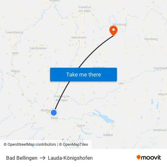 Bad Bellingen to Lauda-Königshofen map