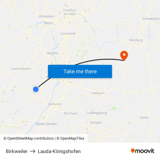 Birkweiler to Lauda-Königshofen map
