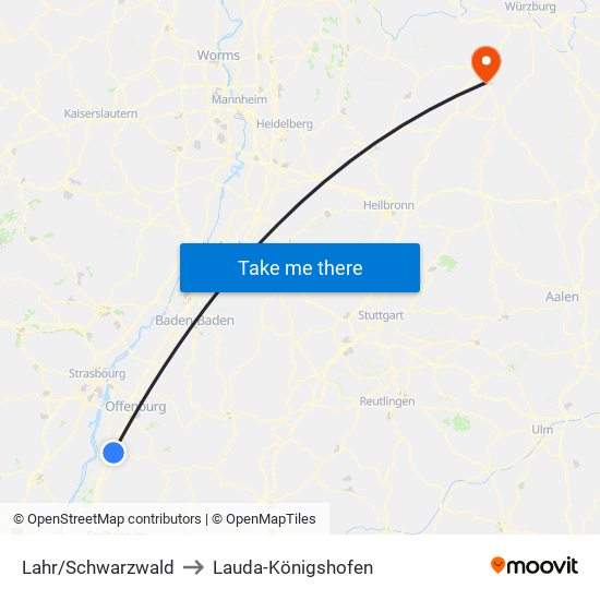 Lahr/Schwarzwald to Lauda-Königshofen map