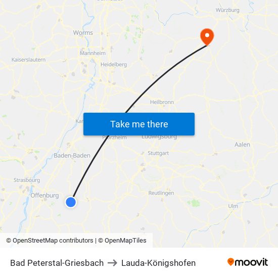 Bad Peterstal-Griesbach to Lauda-Königshofen map