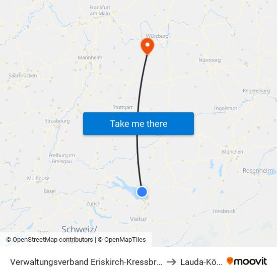 Verwaltungsverband Eriskirch-Kressbronn am Bodensee-Langenargen to Lauda-Königshofen map