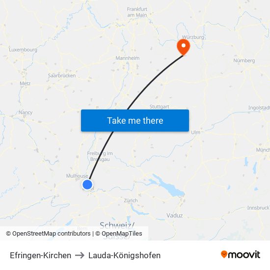 Efringen-Kirchen to Lauda-Königshofen map