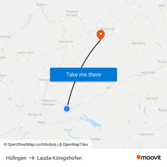 Hüfingen to Lauda-Königshofen map