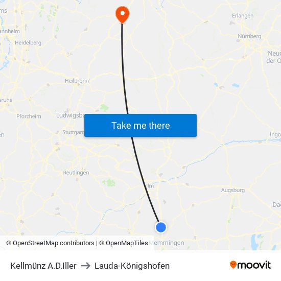 Kellmünz A.D.Iller to Lauda-Königshofen map