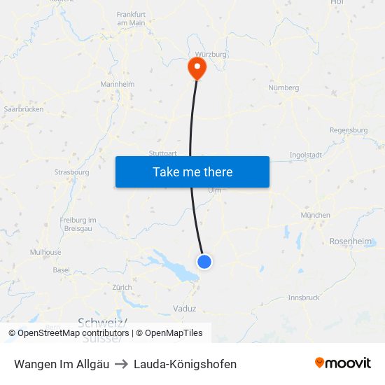 Wangen Im Allgäu to Lauda-Königshofen map