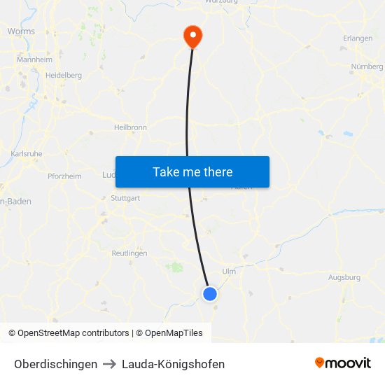 Oberdischingen to Lauda-Königshofen map