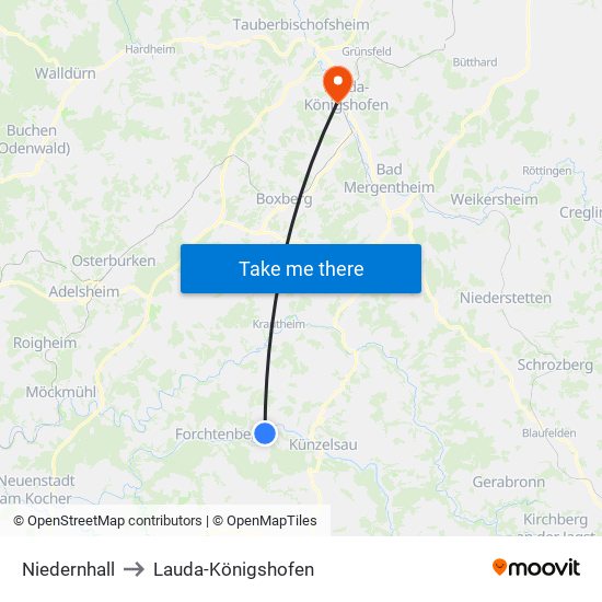 Niedernhall to Lauda-Königshofen map