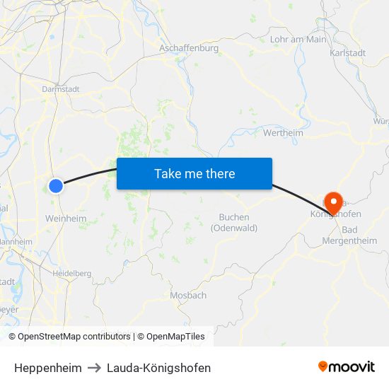 Heppenheim to Lauda-Königshofen map