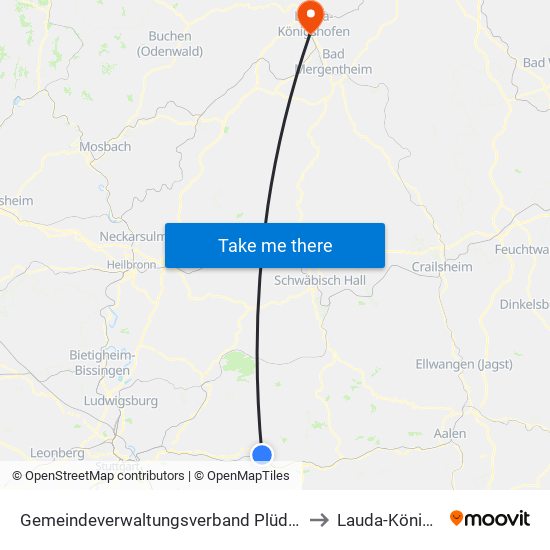 Gemeindeverwaltungsverband Plüderhausen-Urbach to Lauda-Königshofen map