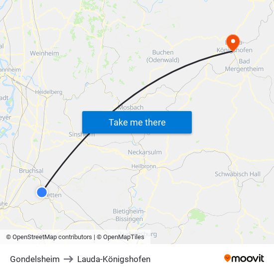 Gondelsheim to Lauda-Königshofen map