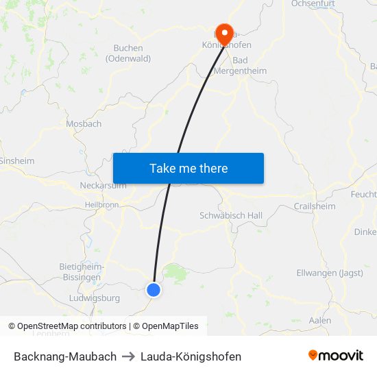 Backnang-Maubach to Lauda-Königshofen map