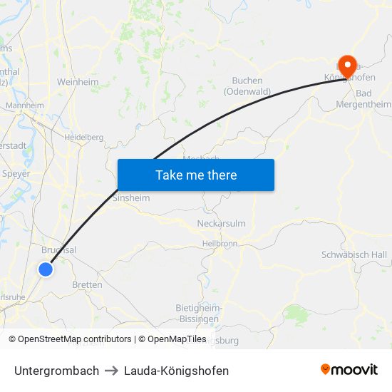 Untergrombach to Lauda-Königshofen map