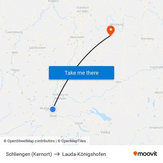 Schliengen (Kernort) to Lauda-Königshofen map