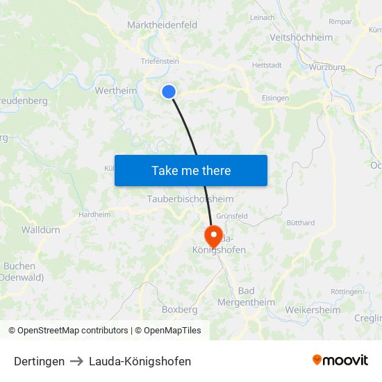 Dertingen to Lauda-Königshofen map