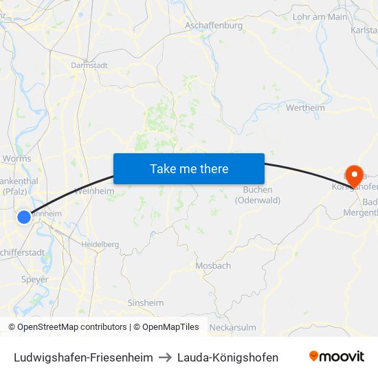 Ludwigshafen-Friesenheim to Lauda-Königshofen map