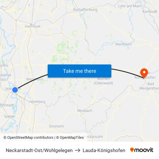 Neckarstadt-Ost/Wohlgelegen to Lauda-Königshofen map