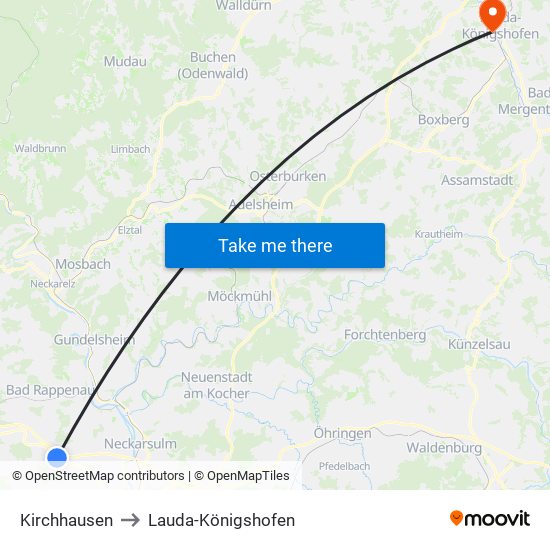 Kirchhausen to Lauda-Königshofen map