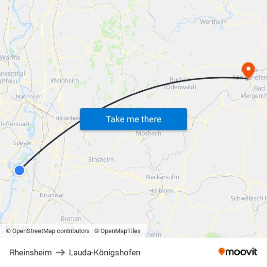 Rheinsheim to Lauda-Königshofen map