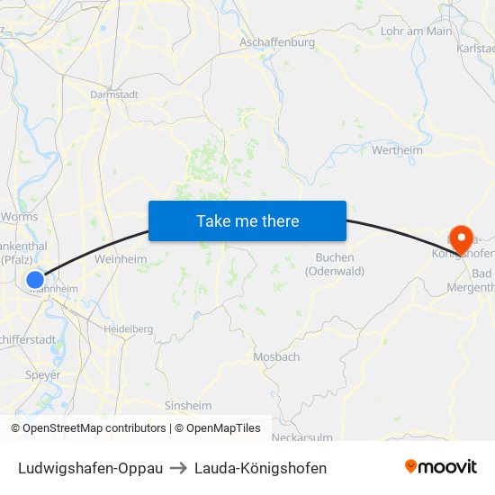 Ludwigshafen-Oppau to Lauda-Königshofen map