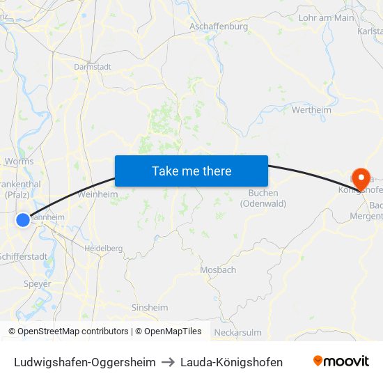 Ludwigshafen-Oggersheim to Lauda-Königshofen map