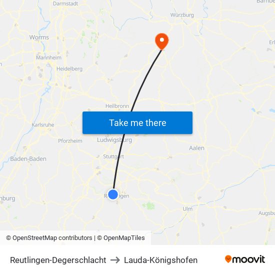Reutlingen-Degerschlacht to Lauda-Königshofen map